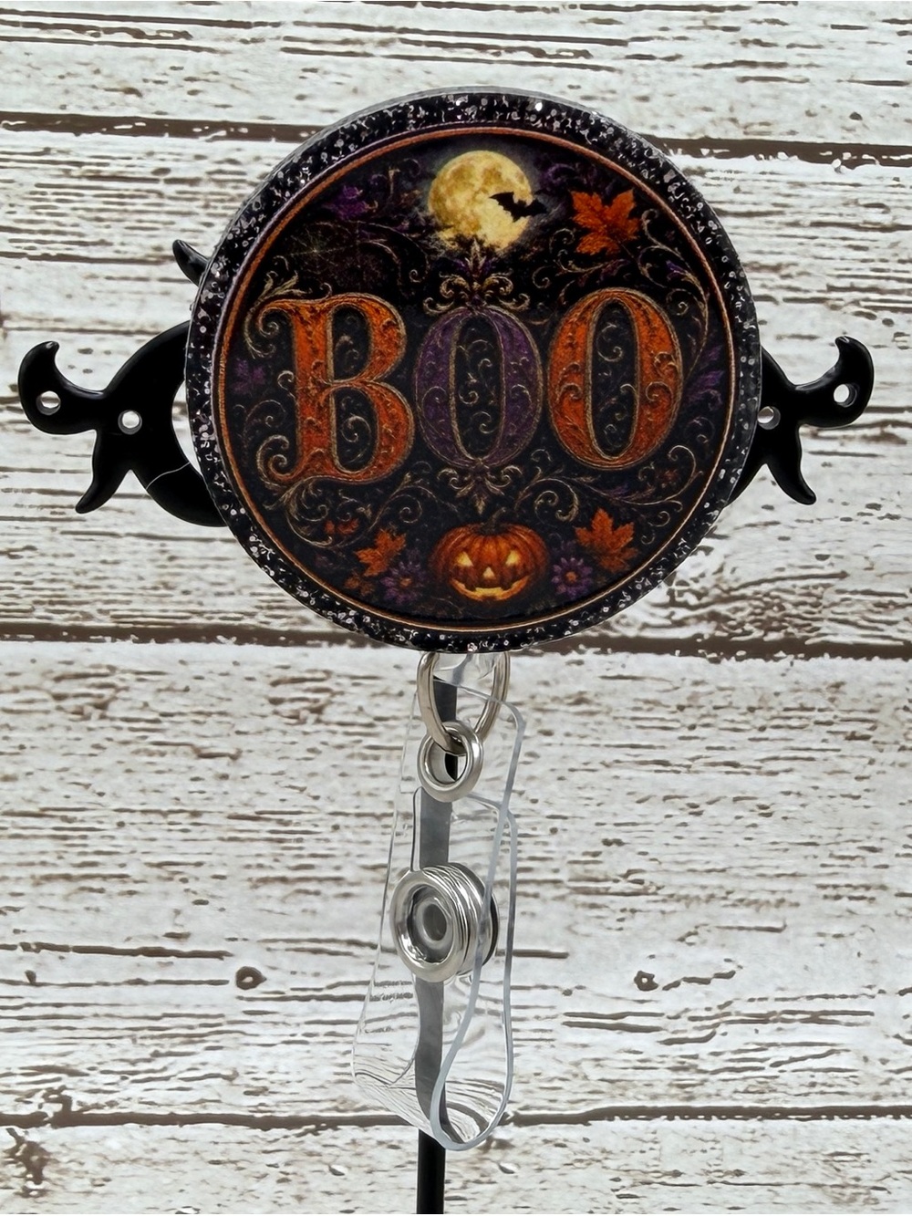 Halloween 'BOO' Badge Reel - Black and Orange